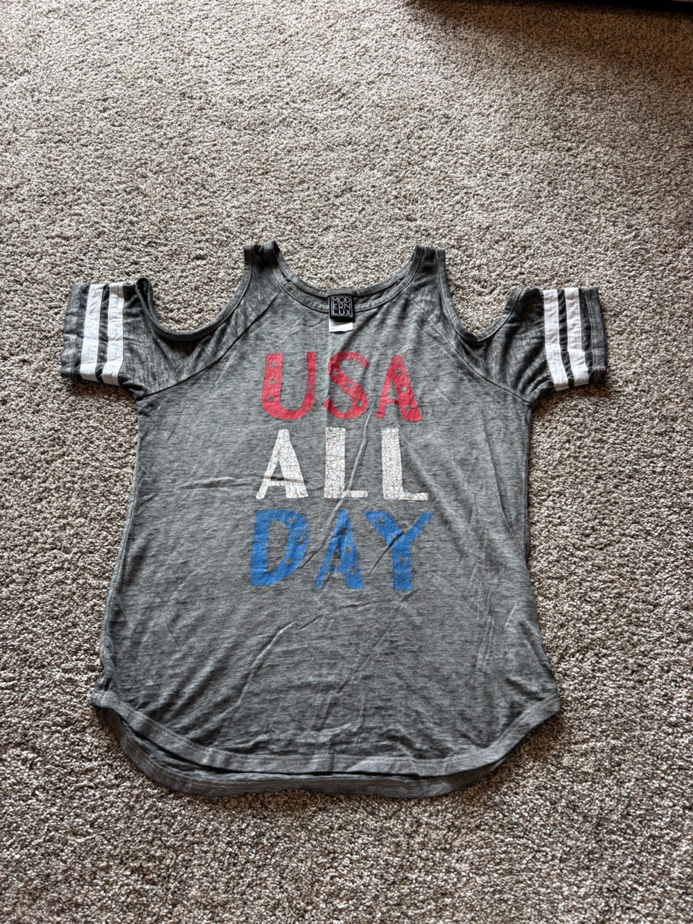 Modern Lux Gray Cold-Shoulder Tee with Red White Blue USA Print